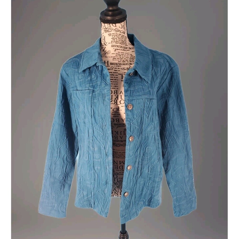 Women Sz M Jacket Blazer Textured Geometric Blue Button Up Collared MIRROR IMAGE